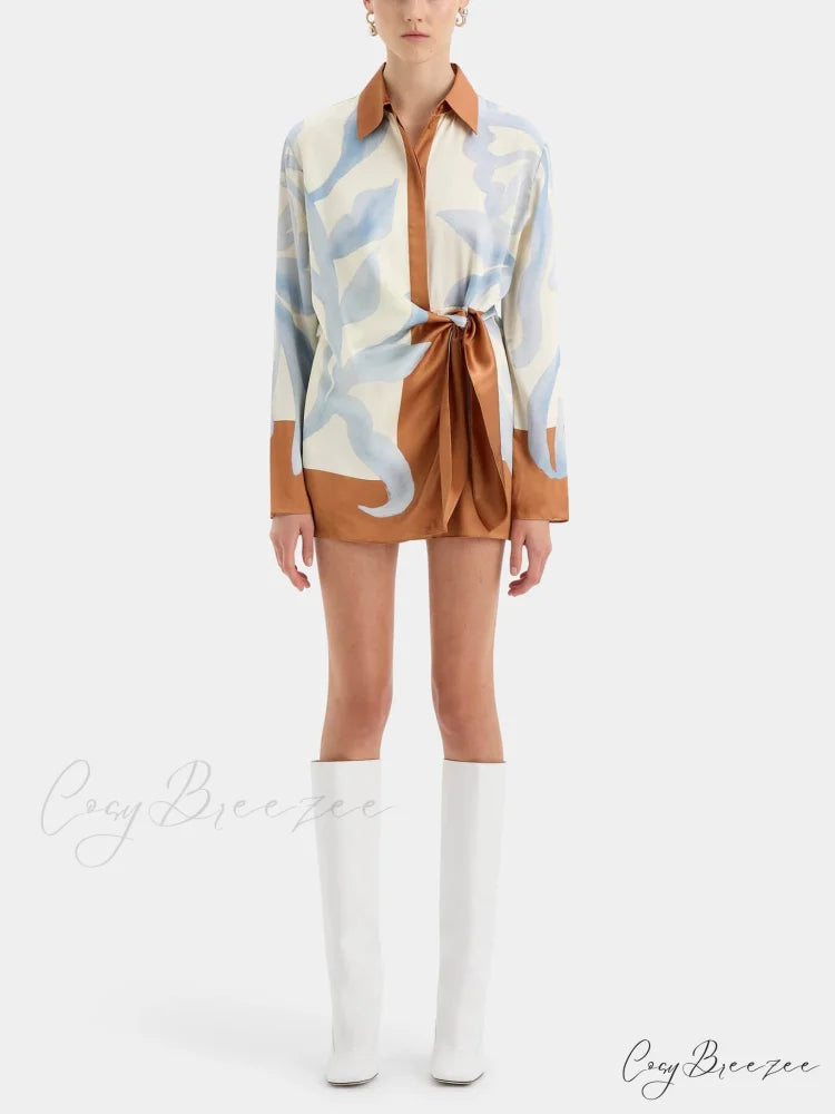 Contrast Color Tie-Dye Irregular Graceful Knotted Shirt Short Dress