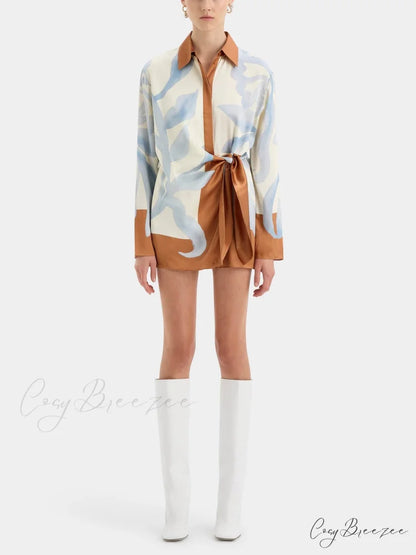 Contrast Color Tie-Dye Irregular Graceful Knotted Shirt Short Dress