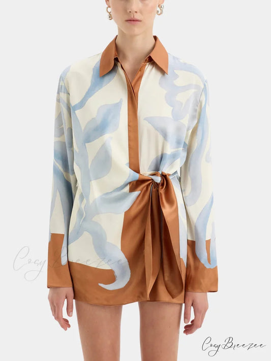 Contrast Color Tie-Dye Irregular Graceful Knotted Shirt Short Dress Brown / S