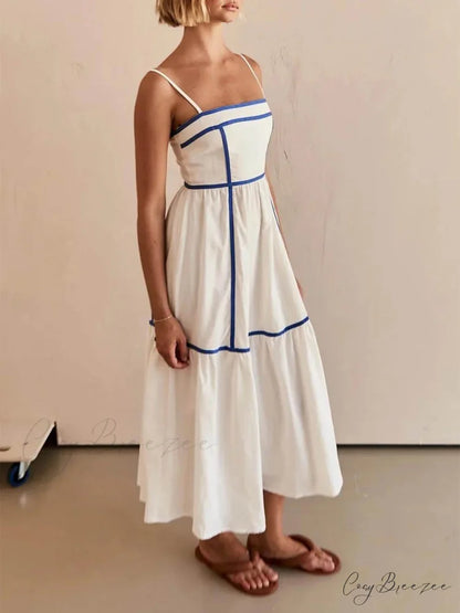 Contrast Color Trim Charming Adjustable Straps Midi Dress