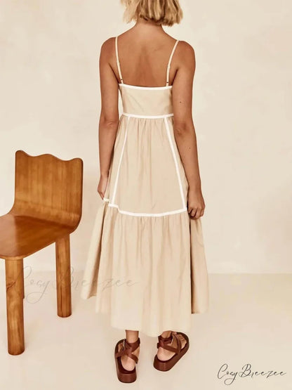 Contrast Color Trim Charming Adjustable Straps Midi Dress