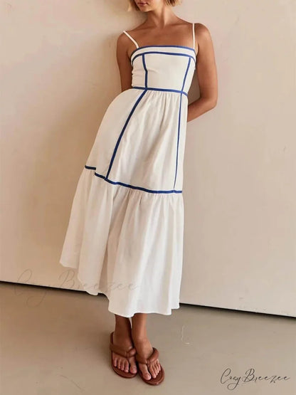 Contrast Color Trim Charming Adjustable Straps Midi Dress Blue / S
