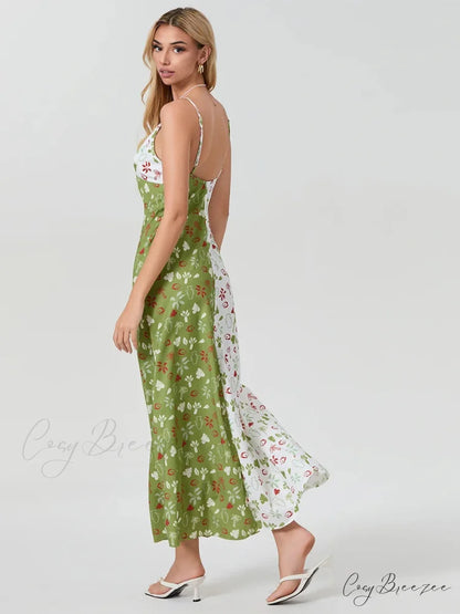 Contrast-color V-neck Spaghetti Strap Slip Dress floraldress-250126