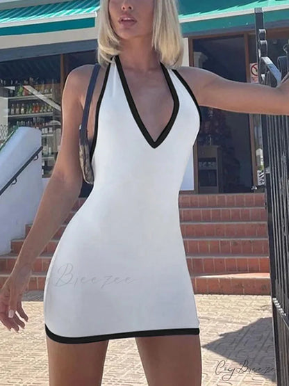 Contrast Halter High-Waist Mini Dress minidress-250223