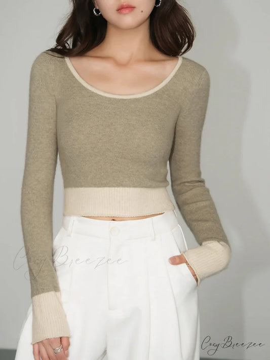Contrast Hem Long Trendy Sleeve Crop Knit Top Apricot / S