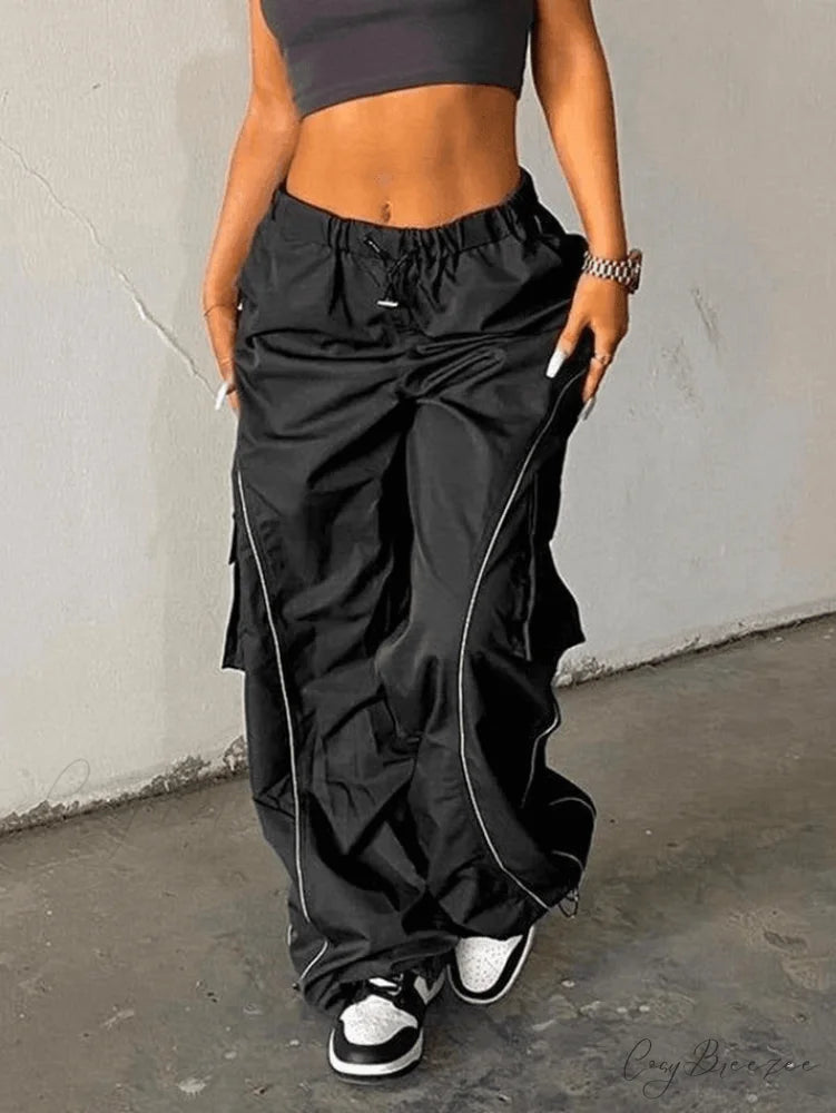 Contrast Piping Graceful Black Baggy Sweatpants