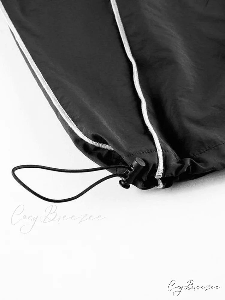 Contrast Piping Graceful Black Baggy Sweatpants