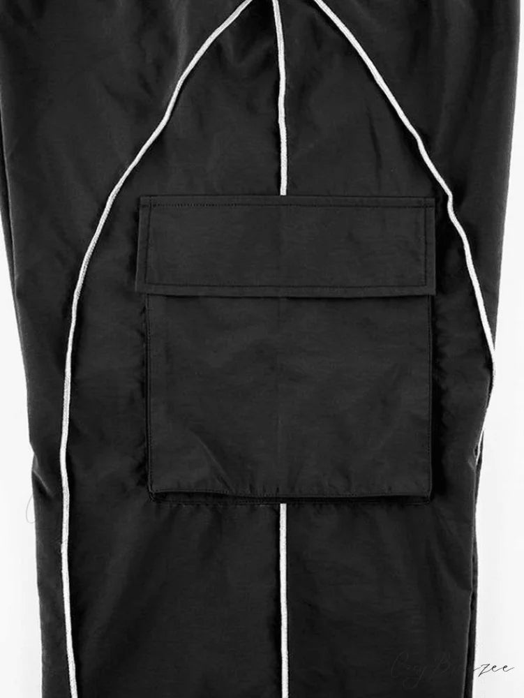 Contrast Piping Graceful Black Baggy Sweatpants