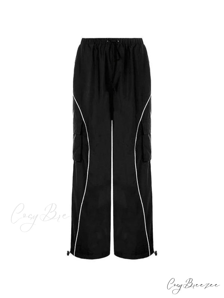 Contrast Piping Graceful Black Baggy Sweatpants