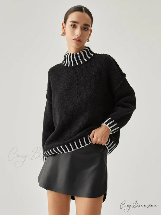 Contrast Stitch Graceful Mock Neck Sweater Black / S