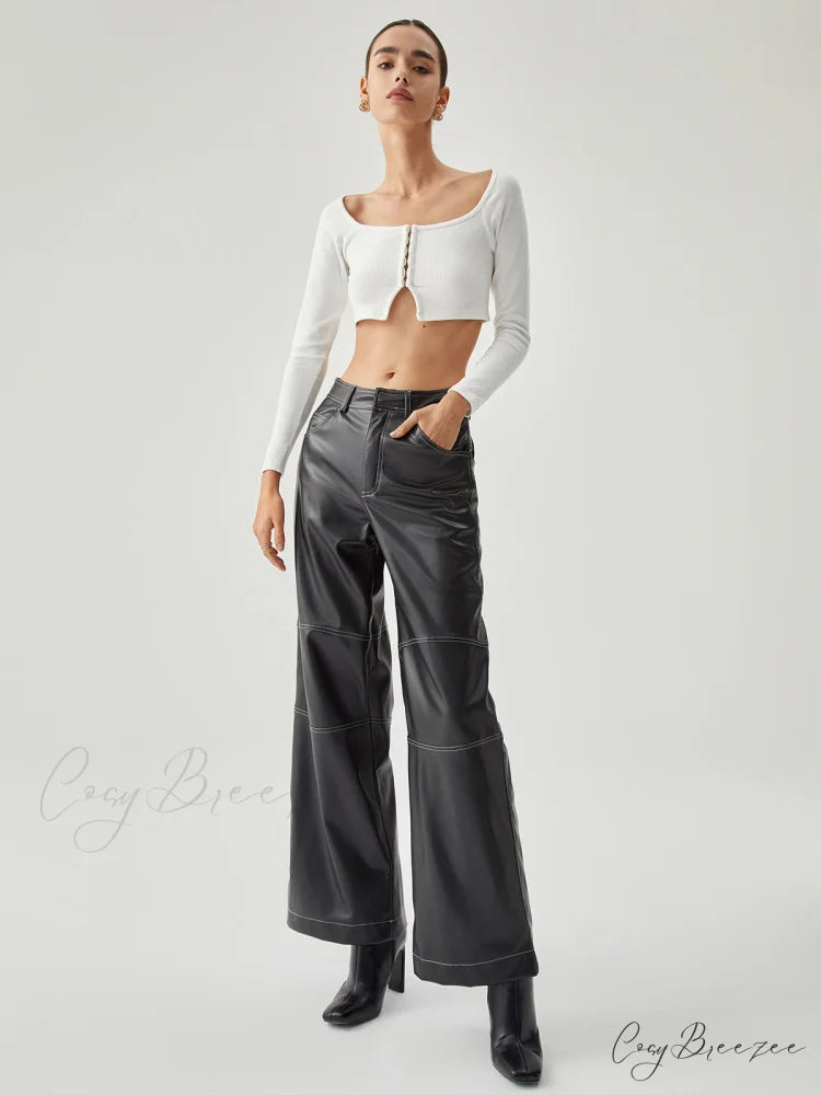 Contrast Stitch Leather Trendy Wide Leg Pants