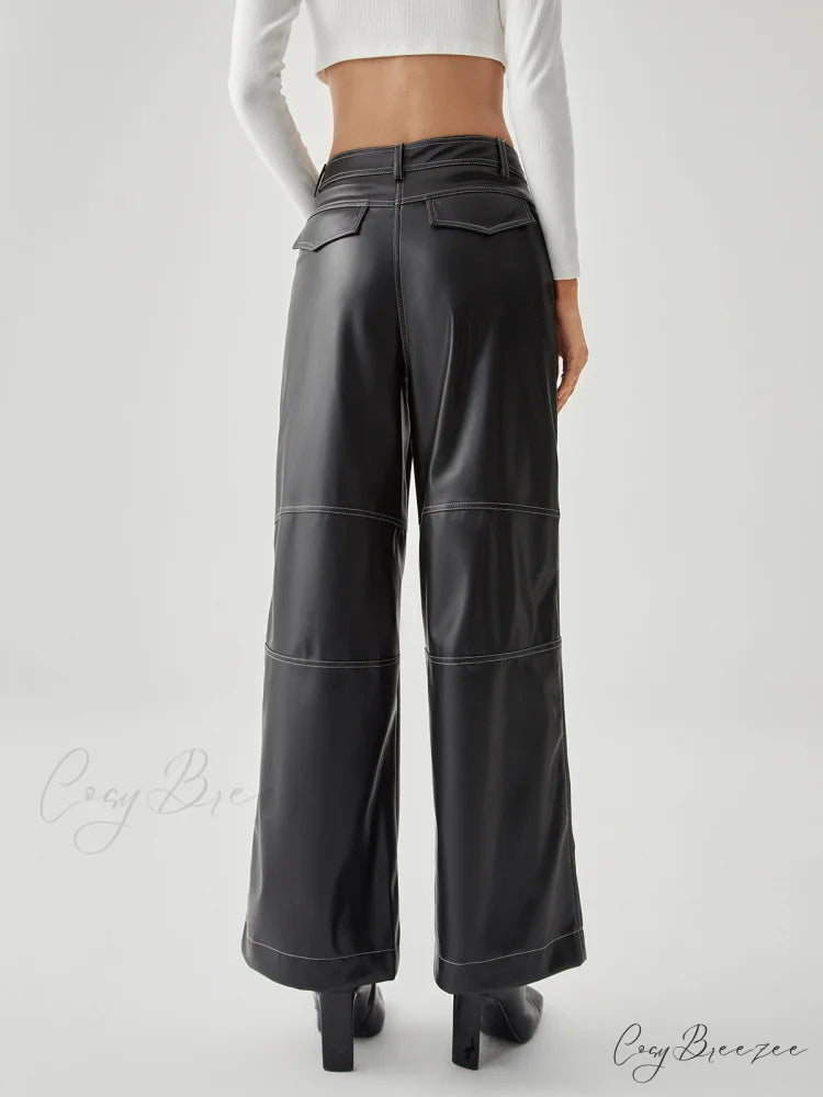 Contrast Stitch Leather Trendy Wide Leg Pants