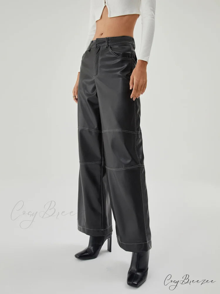 Contrast Stitch Leather Trendy Wide Leg Pants