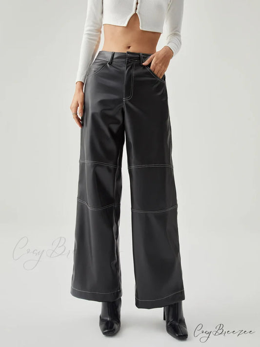 Contrast Stitch Leather Trendy Wide Leg Pants Black / XS