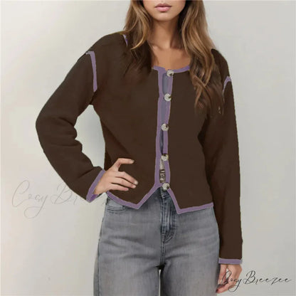 Contrast Stitching Full Sleeve Button Cardigan Dark Brown / S cardigans-241228