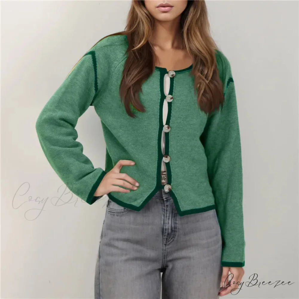 Contrast Stitching Full Sleeve Button Cardigan Green / S cardigans-241228