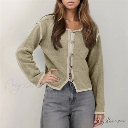 Contrast Stitching Full Sleeve Button Cardigan Khaki / S cardigans-241228