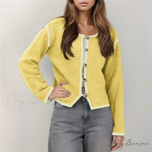 Contrast Stitching Full Sleeve Button Cardigan Yellow / S cardigans-241228
