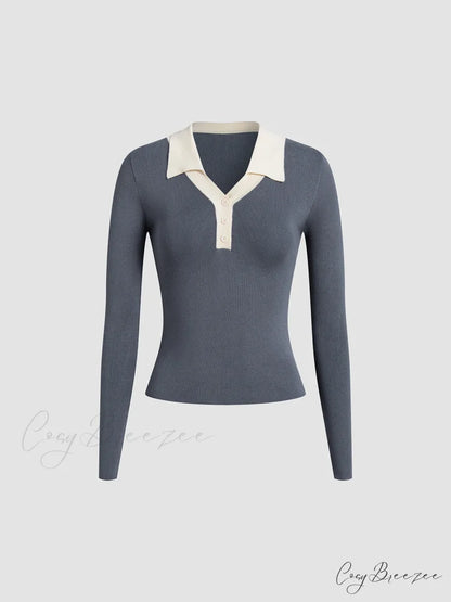 Contrast Trim Button Trendy Up Ribbed Shirt