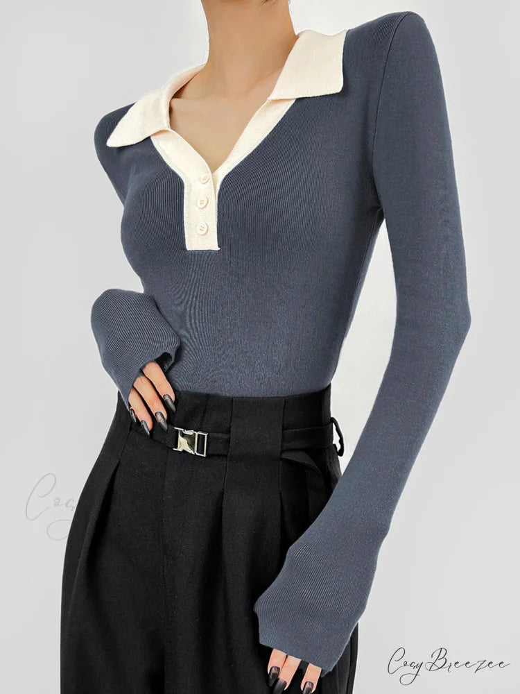 Contrast Trim Button Trendy Up Ribbed Shirt Blue / XS