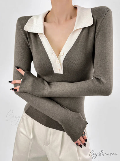 Contrast Trim Button Trendy Up Ribbed Shirt Khaki / XS