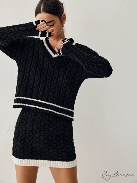 Contrast Trim Cable Knit Modern Sweater With Matching Skirt Black / XS