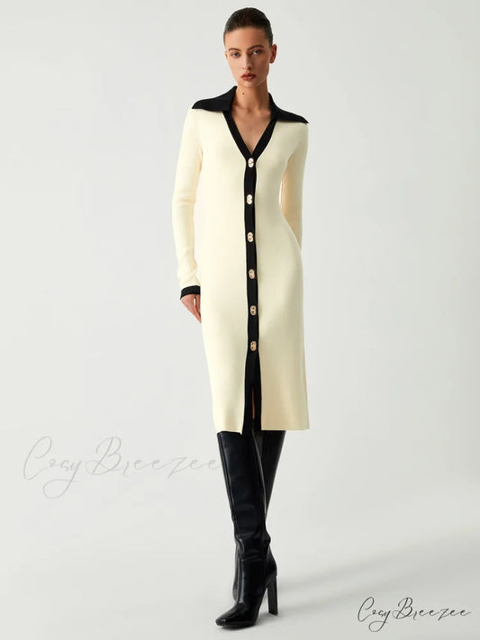 Contrast Trim Collared Trendy Long Sleeve Knit Dress Off-White / S