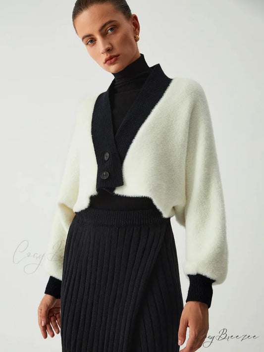 Contrast Trim Graceful Fuzzy Crop Cardigan White / S