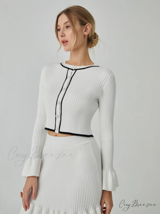 Contrast Trim Graceful Long Sleeve Cardigan Off-White / XS