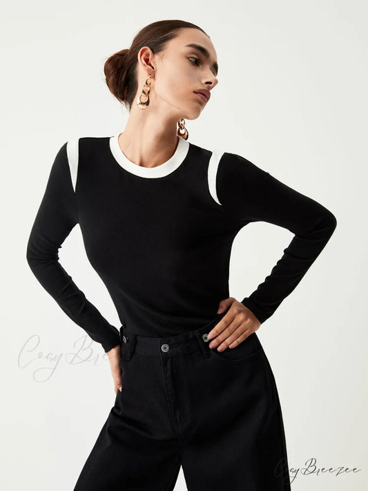 Contrast Trim Graceful Long Sleeve Shirt Black / XS