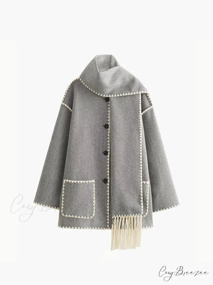 Contrast Trim Jacket Trendy With Matching Scarf Light Grey / S