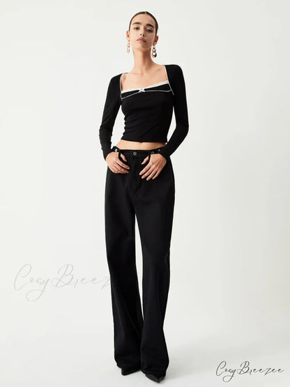 Contrast Trim Lace Trendy Long Sleeve Crop Top