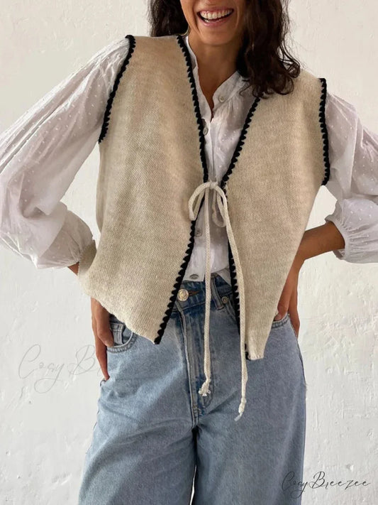 Contrast Trim Lacing V-Neck Knit Vest Cardigan cardigans-241228