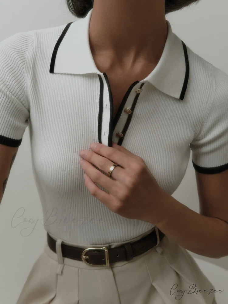 Contrast Trim Metal Trendy Button Knit Top White / XS