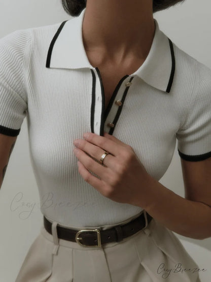 Contrast Trim Metal Trendy Button Knit Top White / XS