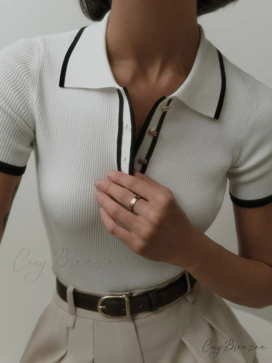 Contrast Trim Metal Trendy Button Knit Top White / XS