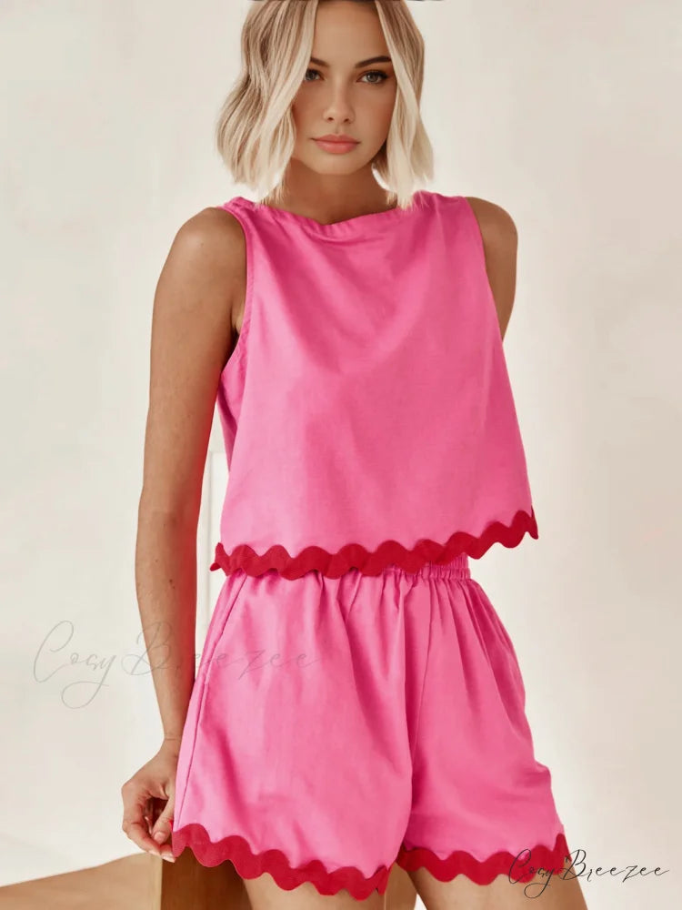 Contrast Trim Mid Trendy Waist Shorts Set