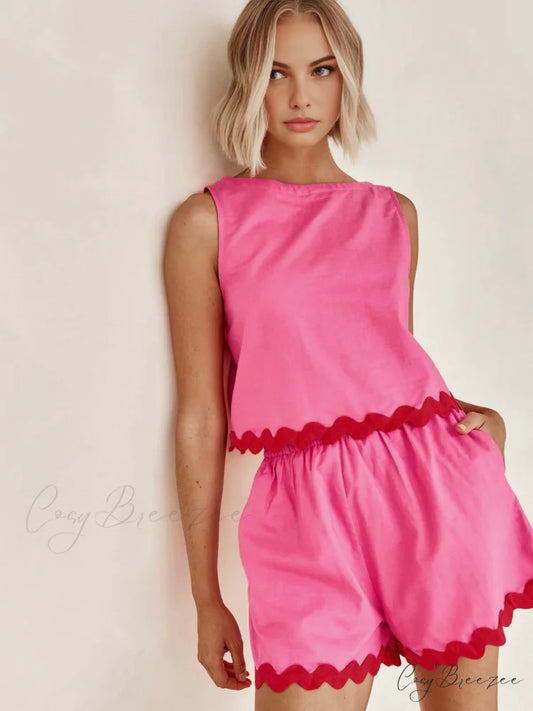 Contrast Trim Mid Trendy Waist Shorts Set Pink / XS