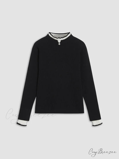 Contrast Trim Mock Trendy Neck Knit Top