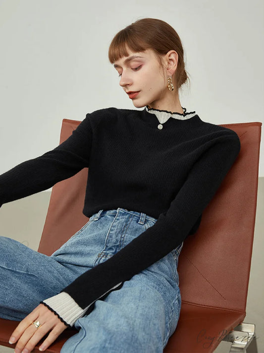Contrast Trim Mock Trendy Neck Knit Top Black / XS
