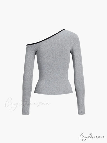 Contrast Trim Off Trendy Shoulder Long Sleeve Shirt