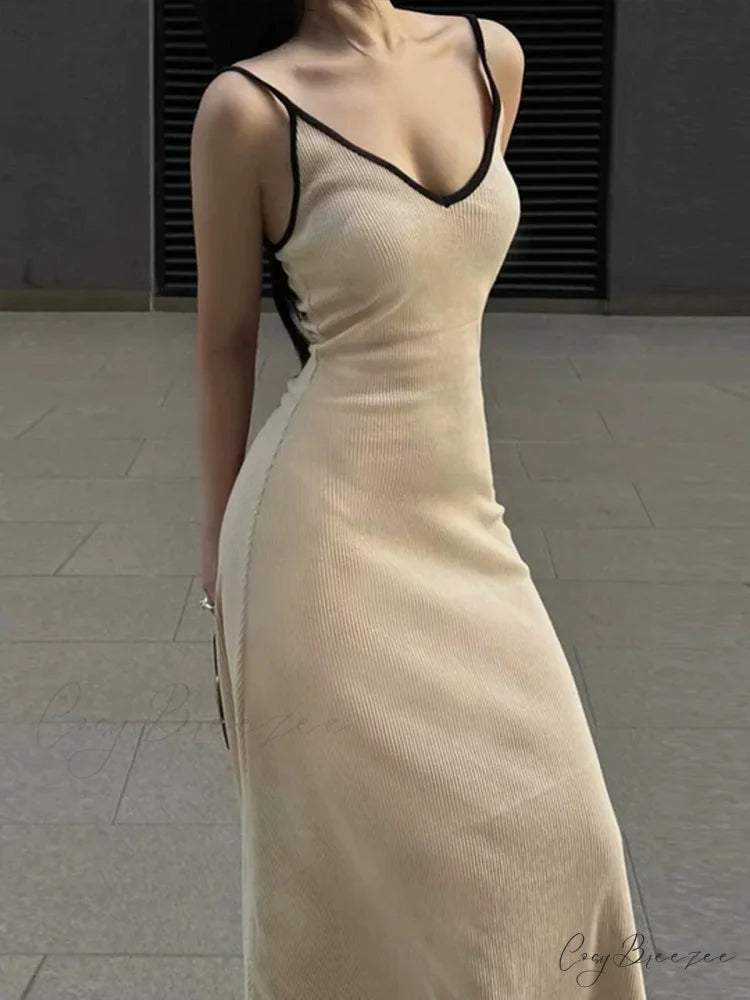 Contrast Trim V Trendy Neck Long Dress
