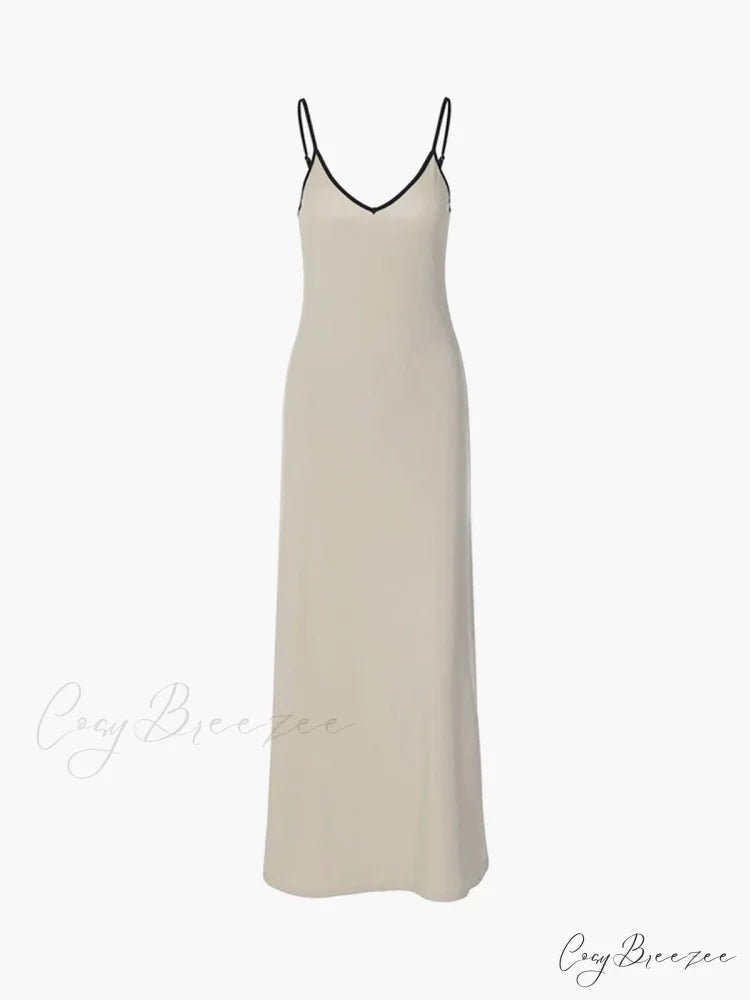 Contrast Trim V Trendy Neck Long Dress