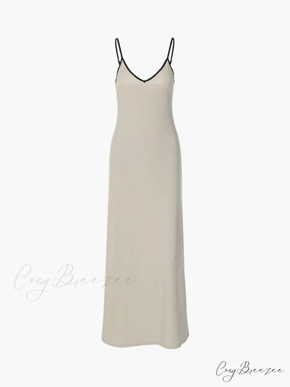 Contrast Trim V Trendy Neck Long Dress
