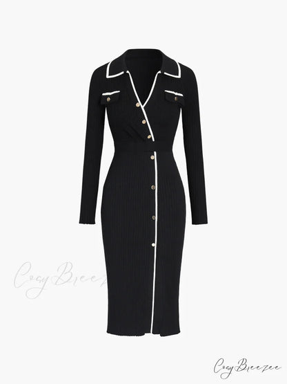 Contrast Trim Wrap Trendy Midi Knit Dress