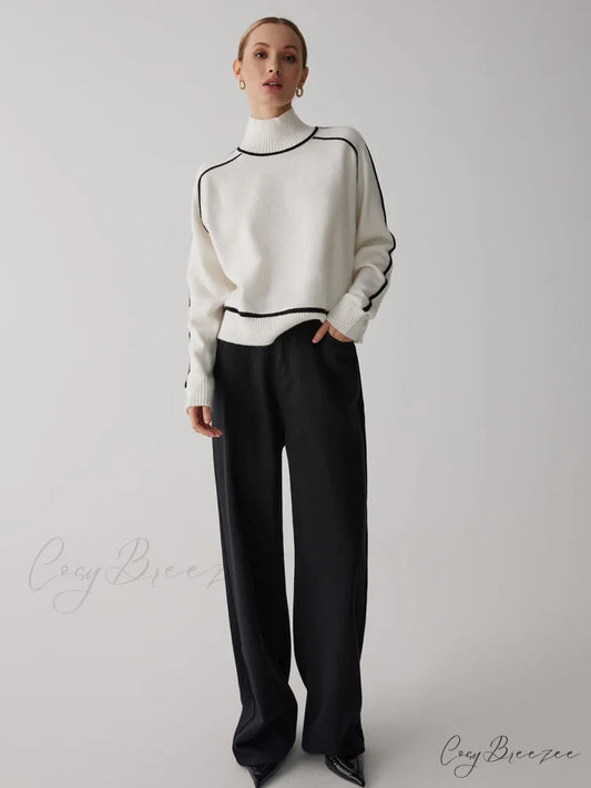 Contrast Turtleneck Graceful Long Sleeve Sweater White / XS