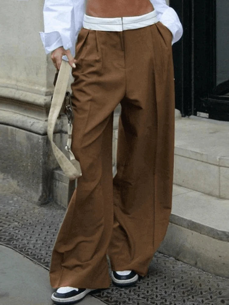 Contrast Waist Graceful Pleated Tailored Pants Brown / S