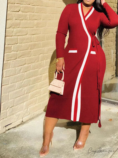 Contrast Waist Graceful Vintage Tailored Pants Red / M