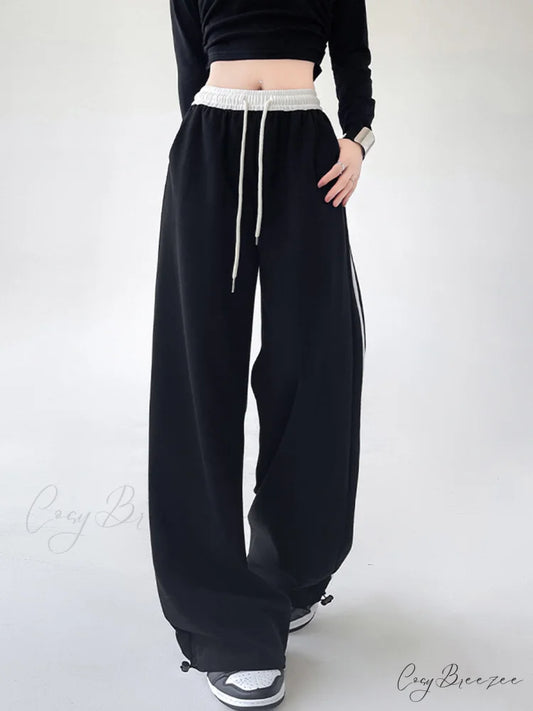 Contrast Waist Graceful Wide Leg Pants Black / XS
