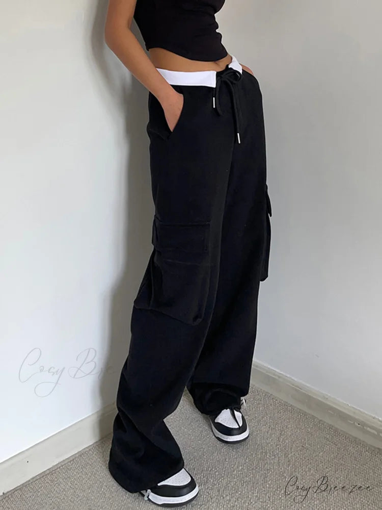 Contrast Waistband Graceful Cargo Sweatpants Black / XS